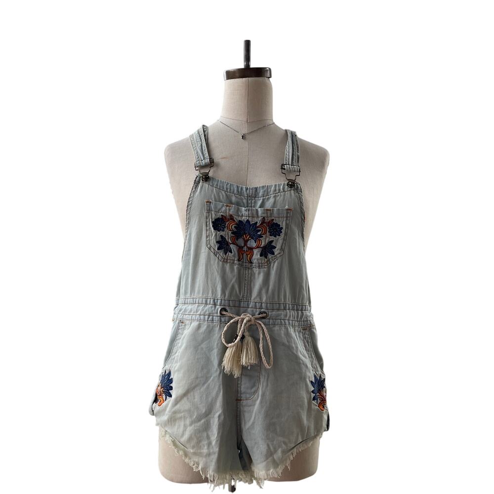 Deby Debo Shortalls XS Boho Frayed Cut Off Floral Embroidered Overalls Y2K